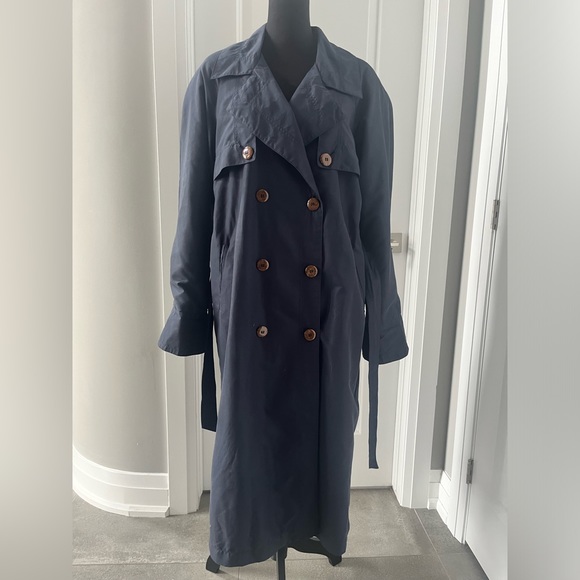 Vintage navy long trench coat with brown buttons size 10 - Picture 10 of 10